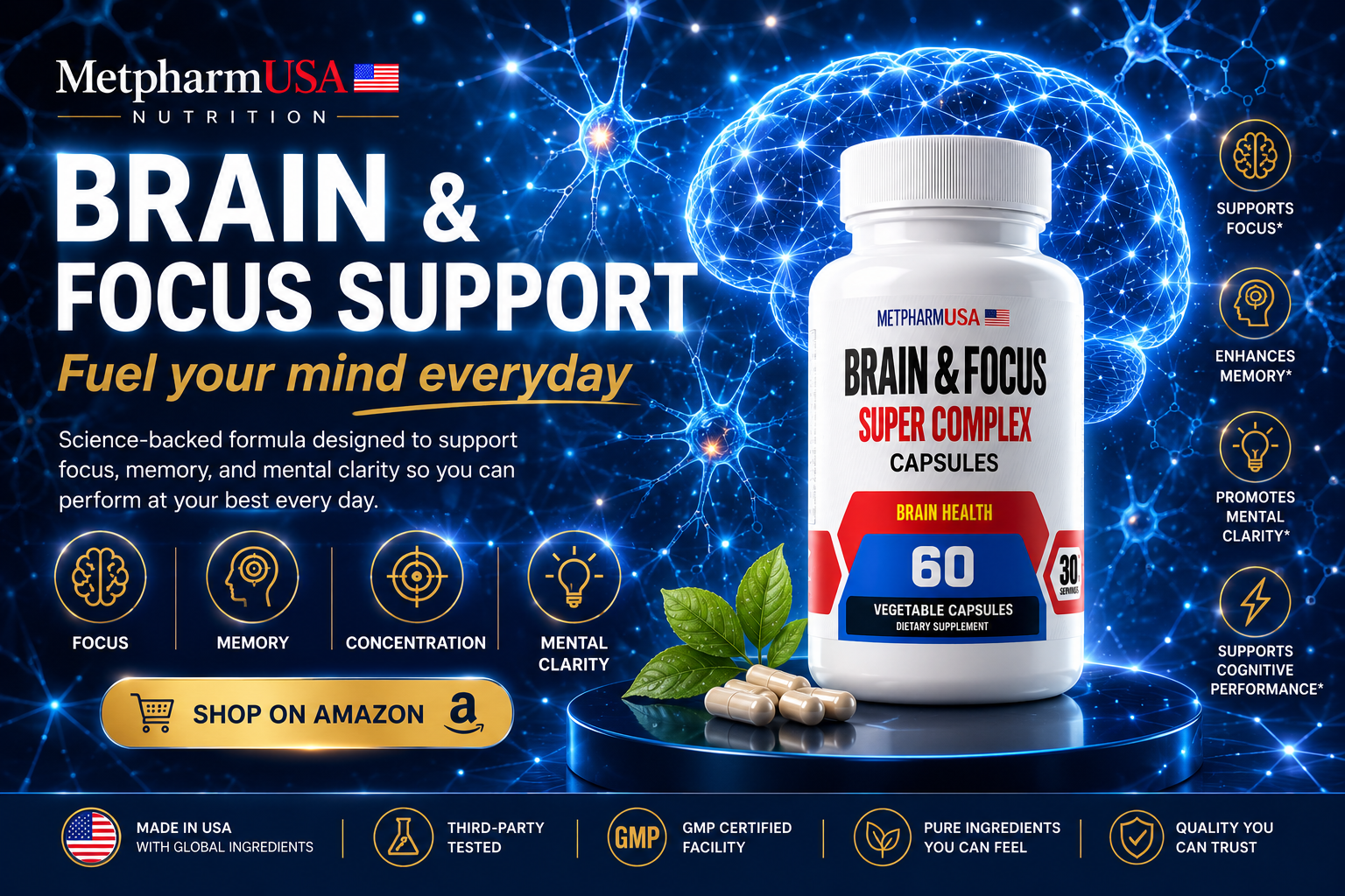 Brain & Focus Nootropic Complex Capsules – Memory, Clarity & Mental Performance