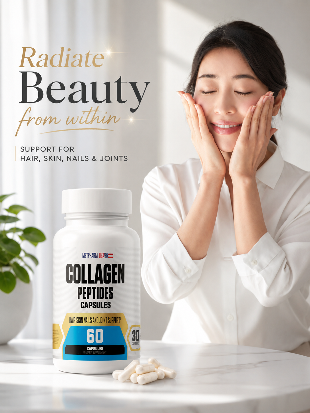 Collagen Peptides Capsules 1000mg – Hair, Skin, Nails & Joint Support | 30 Servings