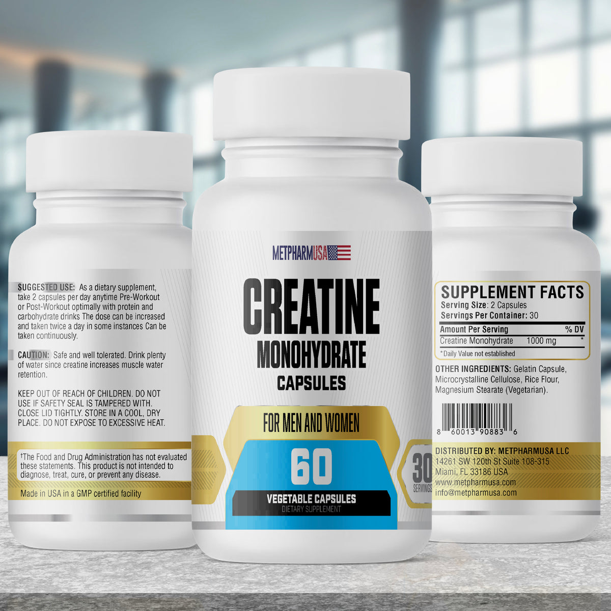 Creatine Monohydrate Capsules 1000mg – 60 Veggie Caps | 30 Servings | For Men & Women