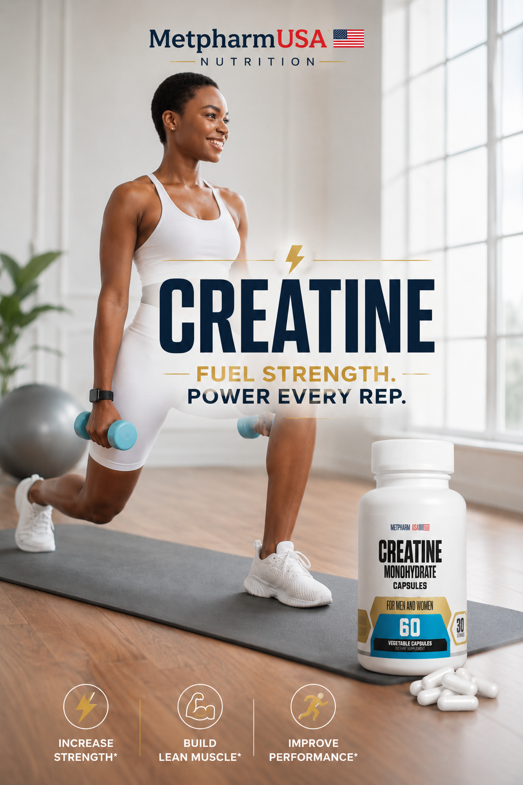 Creatine Monohydrate Capsules 1000mg – 60 Veggie Caps | 30 Servings | For Men & Women