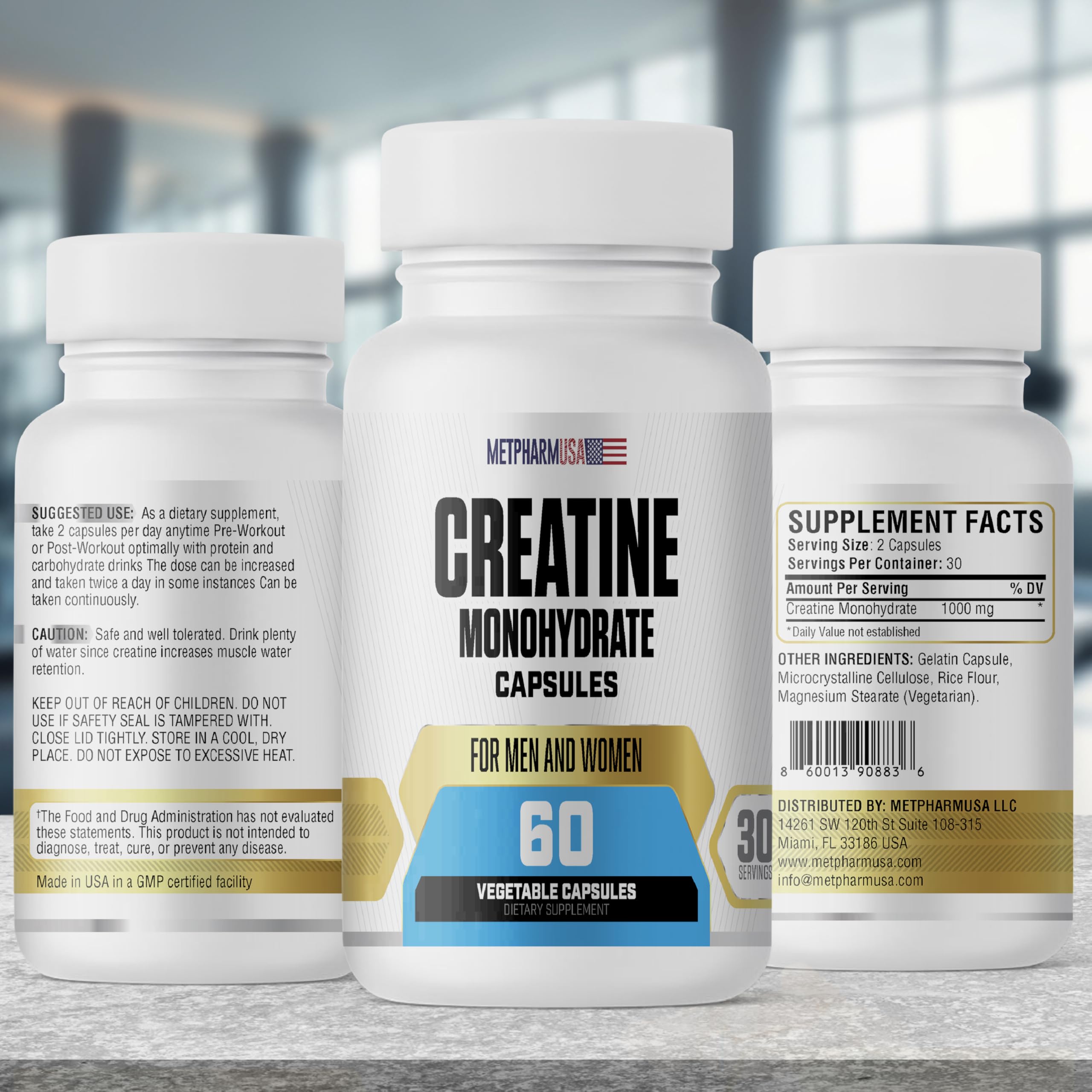 Creatine Monohydrate Capsules 1000mg – 60 Veggie Caps | 30 Servings | For Men & Women