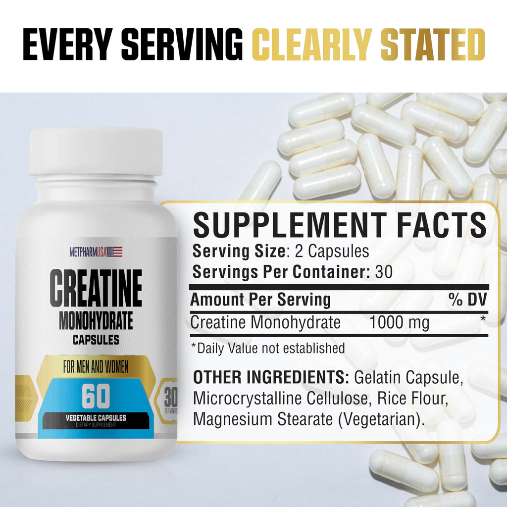 Creatine Monohydrate Capsules 1000mg – 60 Veggie Caps | 30 Servings | For Men & Women