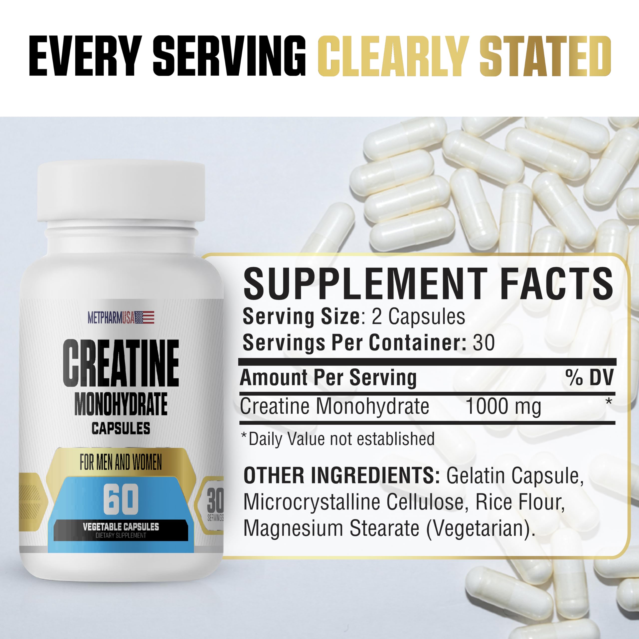 Creatine Monohydrate Capsules 1000mg – 60 Veggie Caps | 30 Servings | For Men & Women